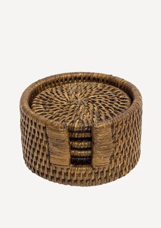 set of 6 rattan coasters with holder