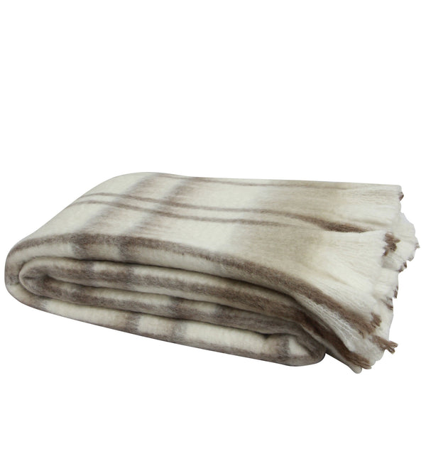 folded plaid taupe throw with tassels