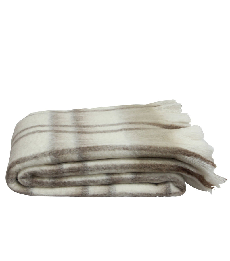 folded taupe throw with beige plaid pattern