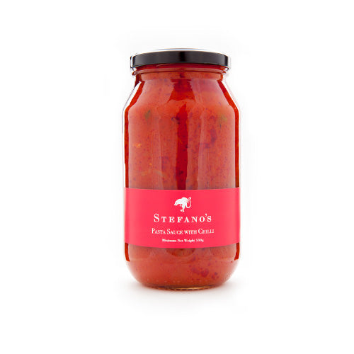 stefanos red chilli and tomato italian pasta sauce in a glass jar