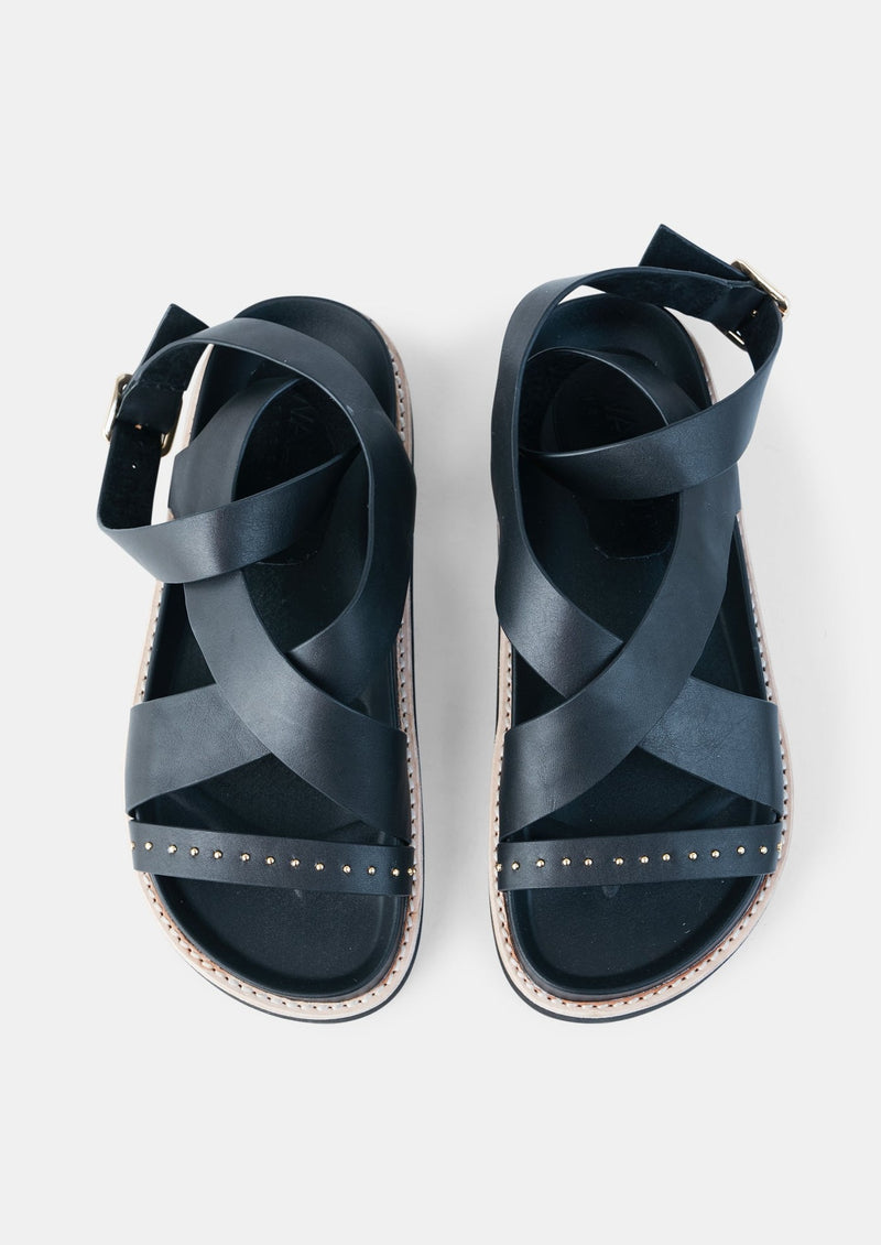 womens black leather sandals from above