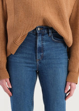 dark blue high waist jeans on lady