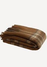 folded brown plaid throw with tassels
